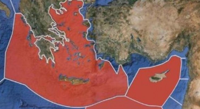 Rum TV'sinde yayınlanan harita Türkiye'nin de Akdeniz ve Ege'deki tüm haklarını yok sayıyor